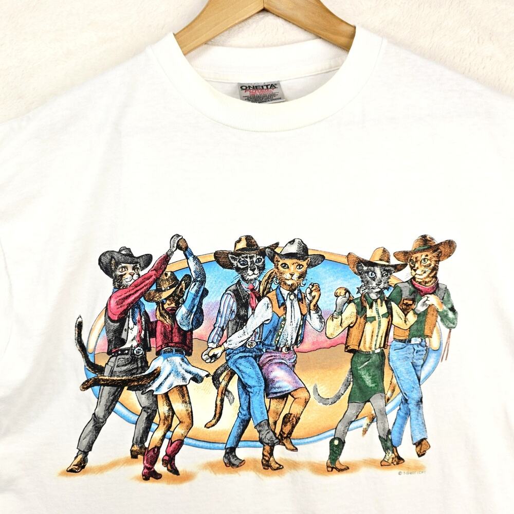 Vintage Dancing Cats Western Cowboys T-Shirt XL 90s Double Sided Single Stitch